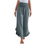 LLECDASEUI Women Linen Pants Summer 2025 Wide Leg Pants Smocked Waist Ruffle Hem Palazzo Pant Boho Flowy Beach Pant with Pocket (Grey,XL)