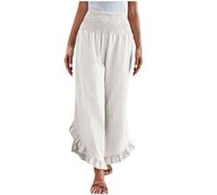 LLECDASEUI Women Linen Pants Summer 2025 Wide Leg Pants Smocked Waist Ruffle Hem Palazzo Pant Boho Flowy Beach Pant with Pocket (White,S)