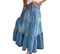 LLECDASEUI Women’s Denim Tiered Ruffle Maxi Skirt Summer Boho Flowy A-Line Skirts Y2k Vintage Jean Long Skirt (S)