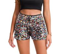 LLECDASEUI Women Sequin Shorts High Elastic Waist Straight Leg Solid Glitter Party Shorts, Colourful, L