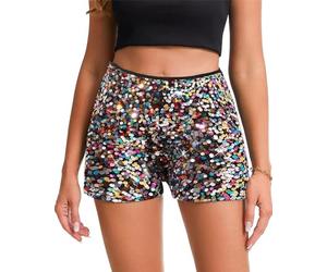 LLECDASEUI Women Sequin Shorts High Elastic Waist Straight Leg Solid Glitter Party Shorts, Colourful, L
