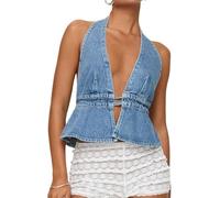 LLECDASEUI Women Sexy Deep V Neck Halter Denim Tank Top Tie Up Back Solid Color Backless Jean Vest Strapless Cropped Top (S,Blue)