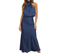 LLECDASEUI Women Sleeveless Mock Neck Cocktail Dresses Elastic Waist Party Wedding Guest Dress Satin High Split Maxi Evening Dress (Dark Blue,L)