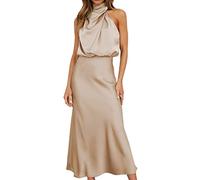 LLECDASEUI Women Sleeveless Mock Neck Cocktail Dresses Elastic Waist Party Wedding Guest Dress Satin High Split Maxi Evening Dress (Beige,S)