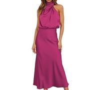 LLECDASEUI Women Sleeveless Mock Neck Cocktail Dresses Elastic Waist Party Wedding Guest Dress Satin High Split Maxi Evening Dress (Rose Pink,S)