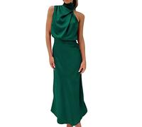 LLECDASEUI Women Sleeveless Mock Neck Cocktail Dresses Elastic Waist Party Wedding Guest Dress Satin High Split Maxi Evening Dress (Dark Green,L)