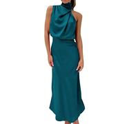 LLECDASEUI Women Sleeveless Mock Neck Cocktail Dresses Elastic Waist Party Wedding Guest Dress Satin High Split Maxi Evening Dress (Blue Green,XL)