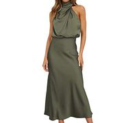 LLECDASEUI Women Sleeveless Mock Neck Cocktail Dresses Elastic Waist Party Wedding Guest Dress Satin High Split Maxi Evening Dress (Army Green,M)
