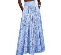 LLECDASEUI Women Summer Maxi Long Eyelet Embroidered Flowy High Waisted Party Club Sexy Skirt (Blue,XL)