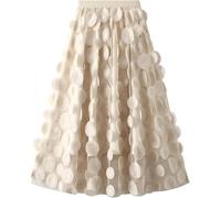 LLECDASEUI Women Tulle Polka Dot Skirt 3D Elastic Waist Mesh Flowy A-Line Midi Skirts Layered Bubble Skirts Wedding Halloween Party Outfit (One Size,Beige)