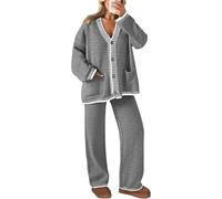 LLECDASEUI Women's 2 Piece Outfits Knit Matching Lounge Sets Long Sleeve V Neck Cardigan Sweaters Wide Leg Pants Tracksuits (L,Dark grey)