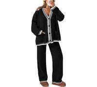 LLECDASEUI Women's 2 Piece Outfits Knit Matching Lounge Sets Long Sleeve V Neck Cardigan Sweaters Wide Leg Pants Tracksuits (M,Black)