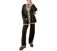 LLECDASEUI Women's 2 Piece Outfits Knit Matching Lounge Sets Long Sleeve V Neck Cardigan Sweaters Wide Leg Pants Tracksuits (XL,Army Green)