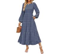 LLECDASEUI Women's Autumn Boho Midi Dress Swiss Dot Staggered Flowing Dress Long Sleeve Round Neck A-line Wedding Guest Dress, Dusty Blue, M