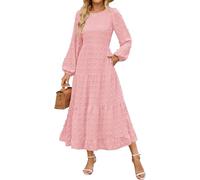 LLECDASEUI Women's Autumn Boho Midi Dress Swiss Dot Staggered Flowing Dress Long Sleeve Round Neck A-line Wedding Guest Dress, pink, L