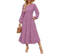 LLECDASEUI Women's Autumn Boho Midi Dress Swiss Dot Staggered Flowing Dress Long Sleeve Round Neck A-line Wedding Guest Dress, purple, XL