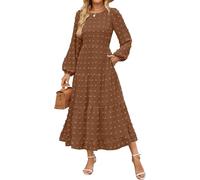 LLECDASEUI Women's Autumn Boho Midi Dress Swiss Dot Staggered Flowing Dress Long Sleeve Round Neck A-line Wedding Guest Dress, brown, L