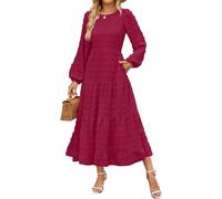 LLECDASEUI Women's Autumn Boho Midi Dress Swiss Dot Staggered Flowing Dress Long Sleeve Round Neck A-line Wedding Guest Dress, wine red, M