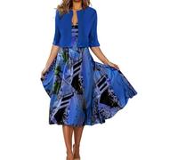 LLECDASEUI Women's Boho Floral Print 2-Piece Set Flowing Midi Dress with Short Jacket Sleeveless Wedding Guest Dresses for Women, blue, L