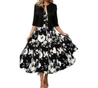 LLECDASEUI Women's Boho Floral Print 2 Piece Set Flowy Midi Dress with Short Jacket Sleeveless Wedding Guest Dresses for Women (M,Black)