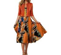 LLECDASEUI Women's Boho Floral Print 2 Piece Set Flowy Midi Dress with Short Jacket Sleeveless Wedding Guest Dresses for Women (M,Orange)