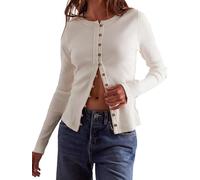 LLECDASEUI Womens Button Down Slim Y2K Cardigan Sweaters Crew Neck Long Sleeve Shirts Ribbed Knit Fitted Tops (White,XL)