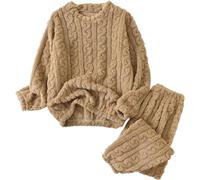 LLECDASEUI Womens Cable Knit Pajama Sets Fluffy Fleece Pullover Pants Soft Lounge Sets Winter Pajamas Sleepwear (Brown)