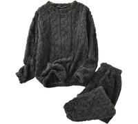 LLECDASEUI Womens Cable Knit Pajama Sets Fluffy Fleece Pullover Pants Soft Lounge Sets Winter Pajamas Sleepwear (Black)