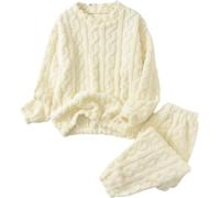LLECDASEUI Womens Cable Knit Pajama Sets Fluffy Fleece Pullover Pants Soft Lounge Sets Winter Pajamas Sleepwear (Beige)