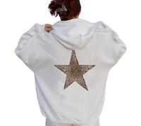 LLECDASEUI Womens Cheetah Leopard Star Hoodie Graphic Print Fleece Y2k Oversized Hooded Sweatshirt (White,M)