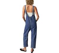 LLECDASEUI Women's Denim Overalls - Casual V-neck Baggy Loose Fit Adjustable Strap Bib Jeans Pants Cargo Jumpsuits with Pockets Staight Legs Suspenders Rompers (Blue,M)