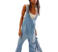 LLECDASEUI Women's Denim Overalls - Casual V-neck Baggy Loose Fit Adjustable Strap Bib Jeans Pants Cargo Jumpsuits with Pockets Staight Legs Suspenders Rompers (Sky,L)