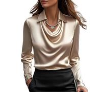 LLECDASEUI Women's Elegant Cowl Neck Satin Blouse Long Sleeve Office Work Shirt Silk Top (M,Champagne)