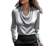 LLECDASEUI Women's Elegant Cowl Neck Satin Blouse Long Sleeve Office Work Shirt Silk Top (M,Grey)