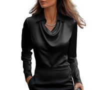 LLECDASEUI Women's Elegant Cowl Neck Satin Blouse Long Sleeve Office Work Shirt Silk Top (S,Black)