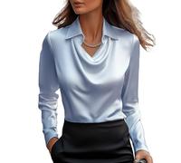 LLECDASEUI Women's Elegant Cowl Neck Satin Blouse Long Sleeve Office Work Shirt Silk Top (S,Blue)