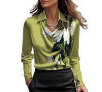 LLECDASEUI Women's Elegant Cowl Neck Satin Blouse Long Sleeve Office Work Shirt Silk Top (S,Green Flower)