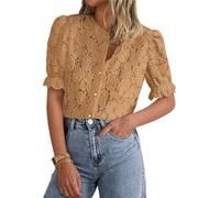LLECDASEUI Womens Elegant Lace Dressy Blouses 2025 Summer Short Puff Sleeve Tunic Tops Crew Neck Button Down Shirts (S,Khaki)