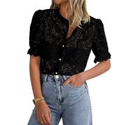 LLECDASEUI Womens Elegant Lace Dressy Blouses 2025 Summer Short Puff Sleeve Tunic Tops Crew Neck Button Down Shirts (S,Black)