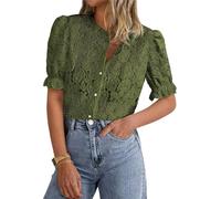 LLECDASEUI Womens Elegant Lace Dressy Blouses 2025 Summer Short Puff Sleeve Tunic Tops Crew Neck Button Down Shirts (XL,Army Green)