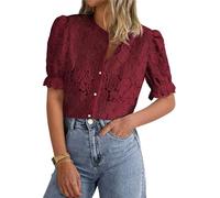LLECDASEUI Womens Elegant Lace Dressy Blouses 2025 Summer Short Puff Sleeve Tunic Tops Crew Neck Button Down Shirts (S,Wine Red)