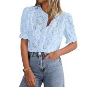 LLECDASEUI Womens Elegant Lace Dressy Blouses 2025 Summer Short Puff Sleeve Tunic Tops Crew Neck Button Down Shirts (S,Light Blue)