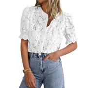 LLECDASEUI Womens Elegant Lace Dressy Blouses 2025 Summer Short Puff Sleeve Tunic Tops Crew Neck Button Down Shirts (L,White)