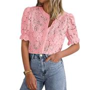LLECDASEUI Womens Elegant Lace Dressy Blouses 2025 Summer Short Puff Sleeve Tunic Tops Crew Neck Button Down Shirts (L,Pink)