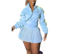 LLECDASEUI Women's Fall 2 Piece Outfits Casual Half Zip Long Sleeve Sweatshirt and Mini Pleated Skirt Set Workout Sweatsuit (L,Blue)