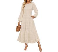 LLECDASEUI Women's Fall Boho Midi Dress Swiss Dot Tiered Flowy Dress Long Sleeve Round Neckline A-Line Wedding Guest Dress, beige, S