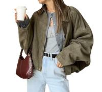 LLECDASEUI Women's Faux Suede Bomber Jacket Zip Pilot Coat Casual Lapel Oversized Long Sleeve Y2K Outerwear Coats, Army Green, XS