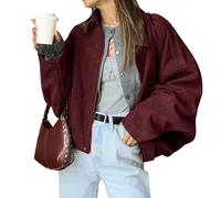 LLECDASEUI Women's Faux Suede Bomber Jacket Zipper Pilot Coat Casual Lapel Oversized Long Sleeves Y2K Outerwear Coats (M,Burgundy)