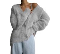 LLECDASEUI Womens Fuzzy Cardigan Sweater V Neck Long Sleeve Button Down Slouchy Furry Knit Sweaters 2024 (Grey-a,XL)