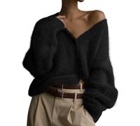 LLECDASEUI Womens Fuzzy Cardigan Sweater V Neck Long Sleeve Button Down Slouchy Furry Knit Sweaters 2024 (Black,XL)